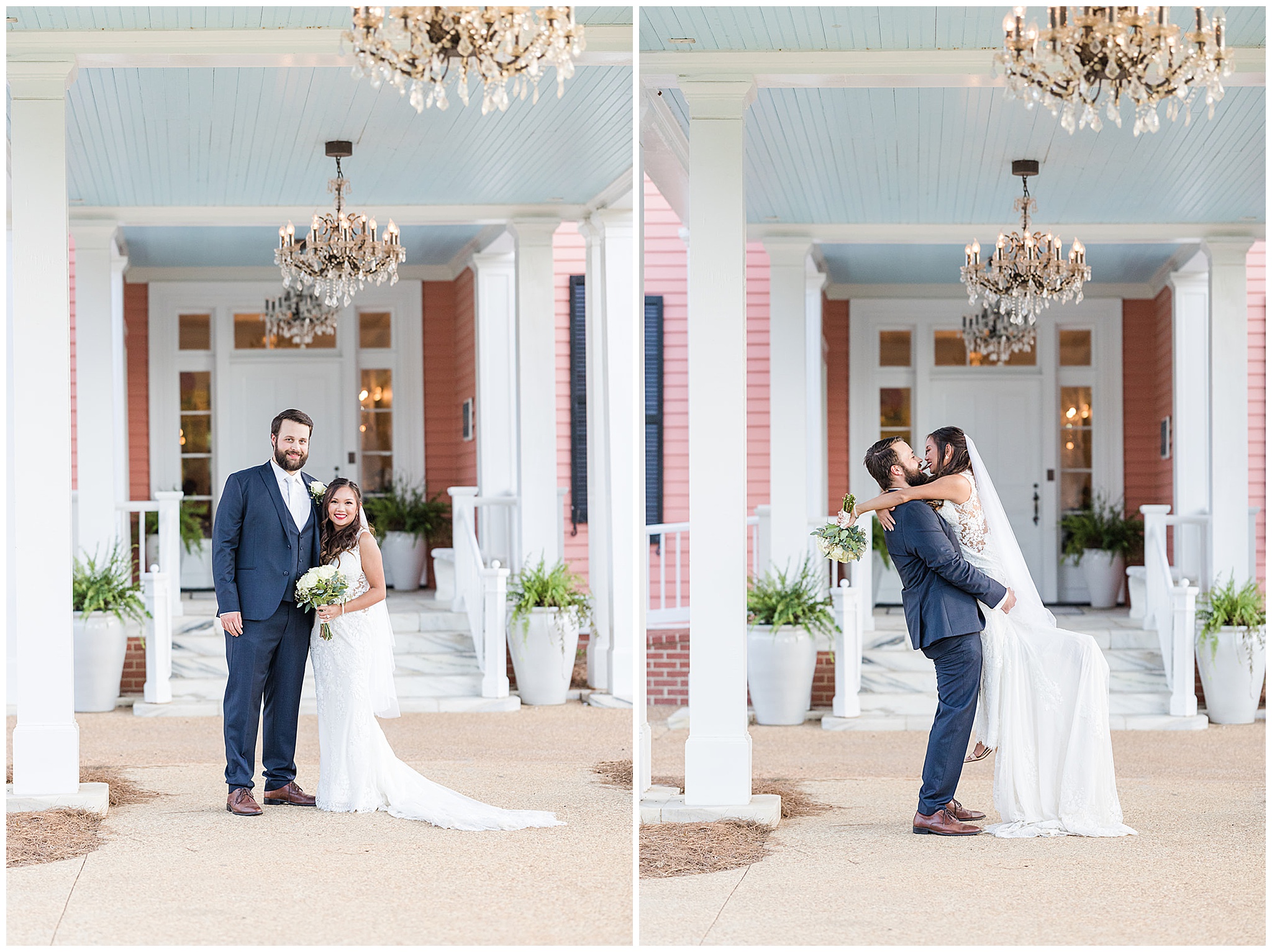 Groom lifts his new bride for a kiss under the car port front entrance and chandeliers of the south eden plantation