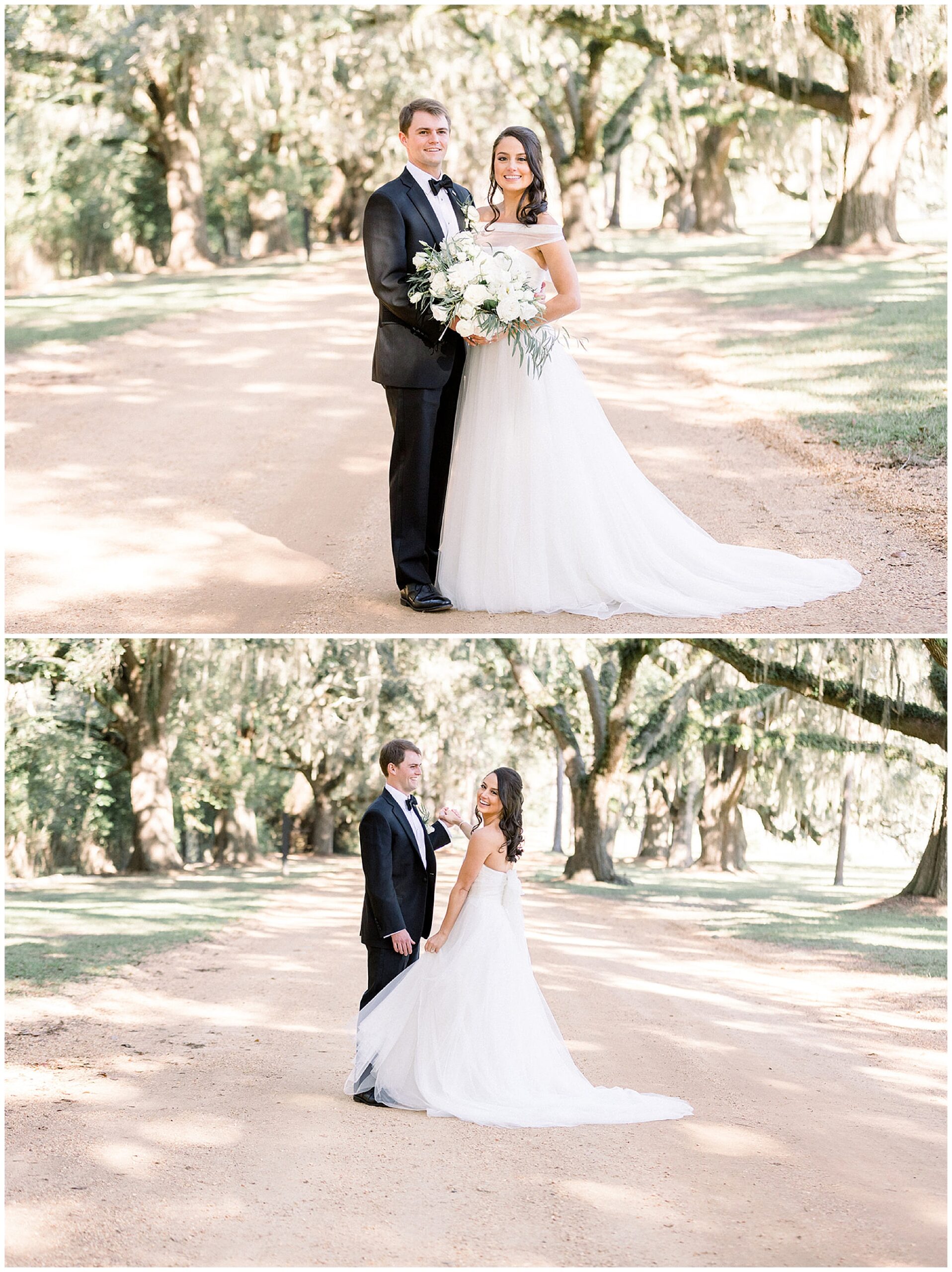Newlyweds dance in the middle of a dirt road surrounded by old oak trees at south eden plantation