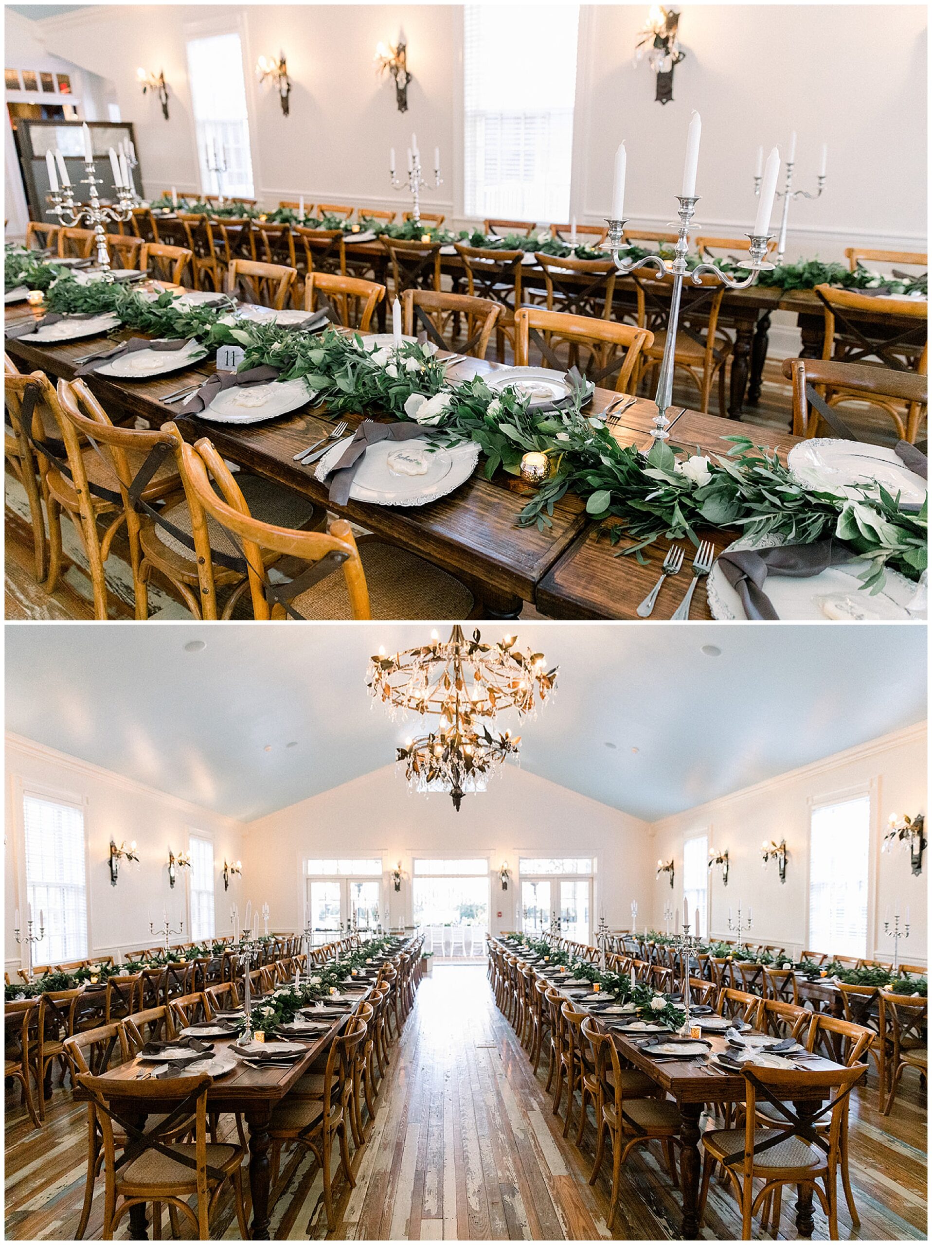 An indoor wedding reception set up in a white room with long rustic hardwood tabled and chairs at south eden plantation