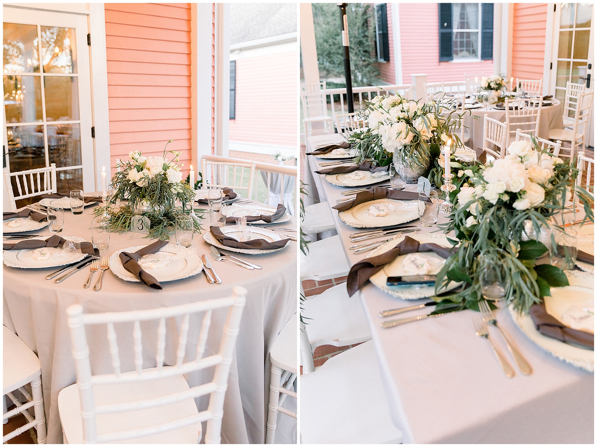 Table settings for a wedding reception on a porch at south eden plantation