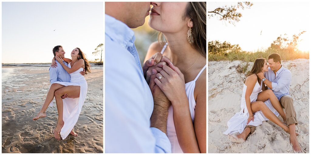 Couple holding hands with gentle waves crashing behind them at their beach engagement session in Panacea, FL near Tallahassee