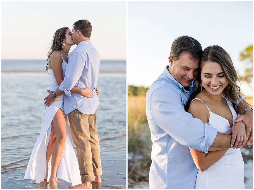 Couple laughing together in the grassy dunes during sunset engagement session at Mashes Sands Beach in Panacea, Florida