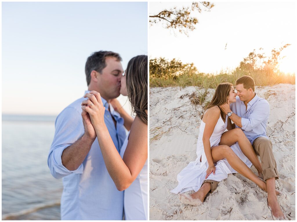 Close-up of engaged couple smiling with ocean backdrop at Mashes Sands Beach in Panacea, photographed by Tallahassee wedding photographer