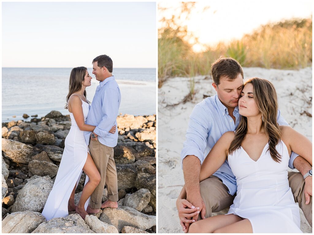 Silhouette of couple kissing at sunset on the beach at Mashes Sands in Panacea, FL during their engagement session