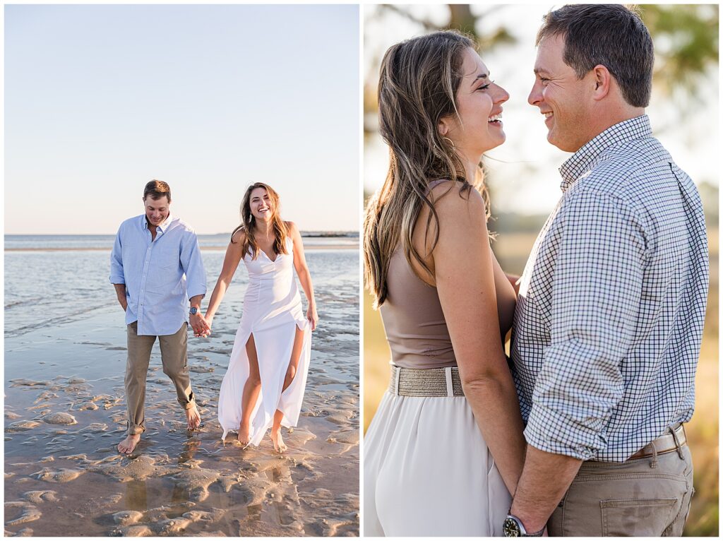 Engaged couple walking toward the water as the sky glows behind them at Mashes Sands Beach near Tallahassee, Florida