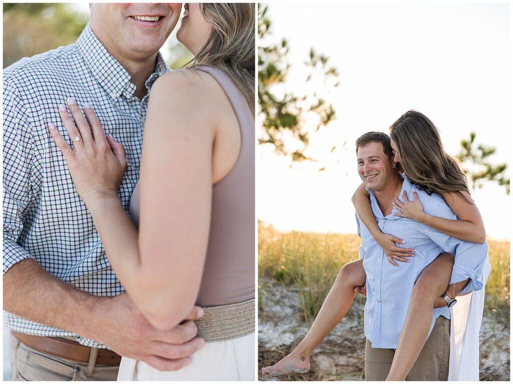 Matt and Taylor dancing barefoot in the waves at their romantic beach engagement session in Panacea, Florida