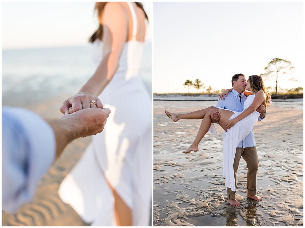 Couple sharing a kiss in front of driftwood at Mashes Sands Beach during their beach engagement session in Panacea, FL