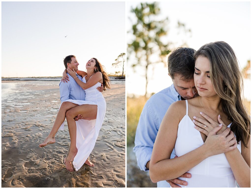 Bride-to-be twirling in a white dress during breezy engagement session at Mashes Sands Beach near Tallahassee