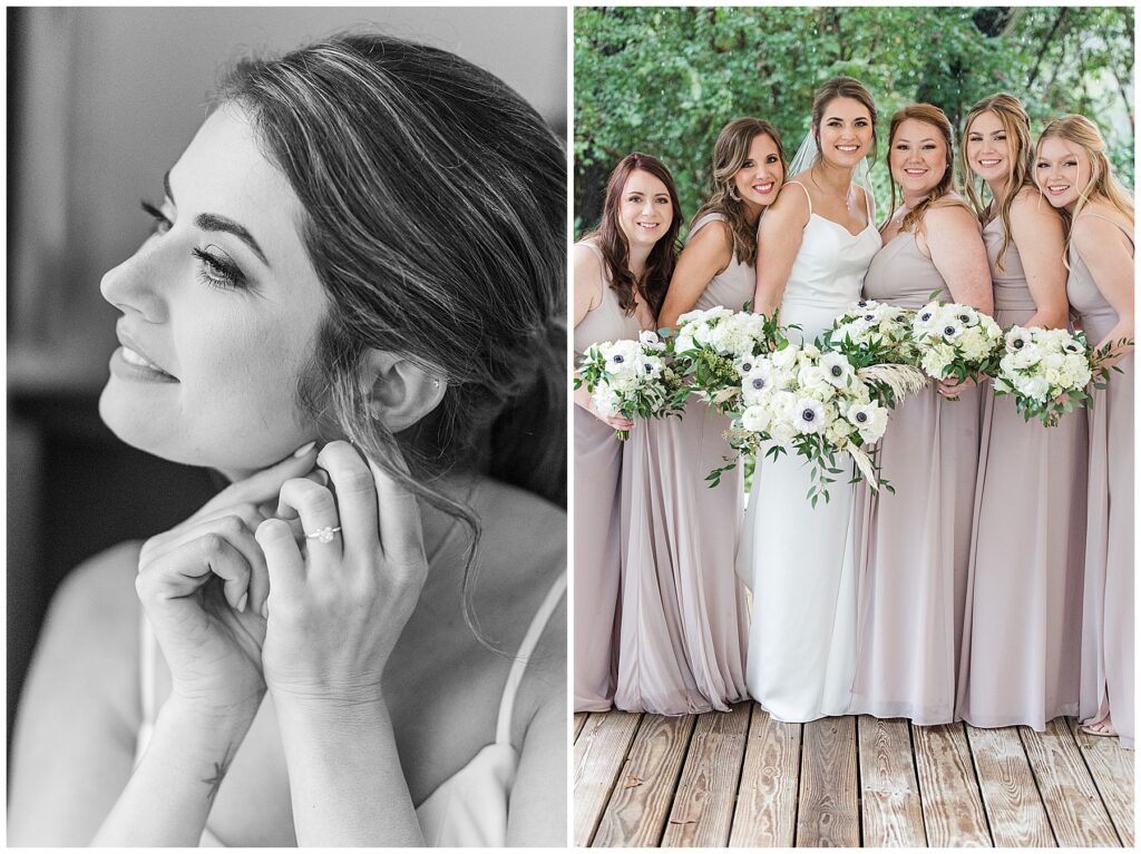 bride and bridesmaids taking portraits on the front porch of the chapel at shiloh farm 