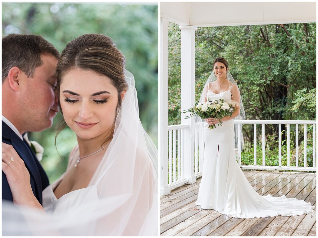 Bride and groom standing in a golden field at Shiloh Farm during sunset on their wedding day in Tallahassee