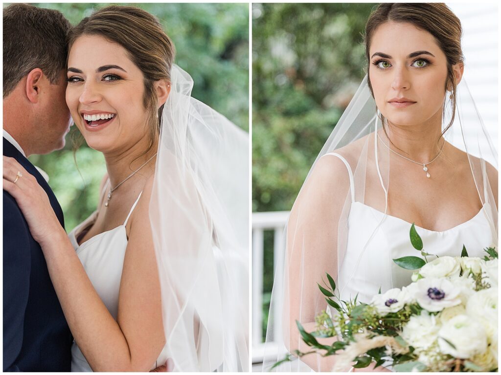 bride on front porch of shiloh farm chapel