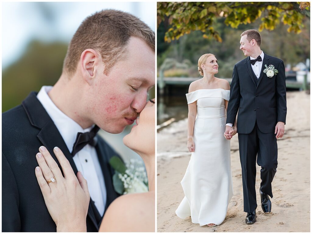 Intimate golden hour portraits of the bride and groom at their small coastal wedding.