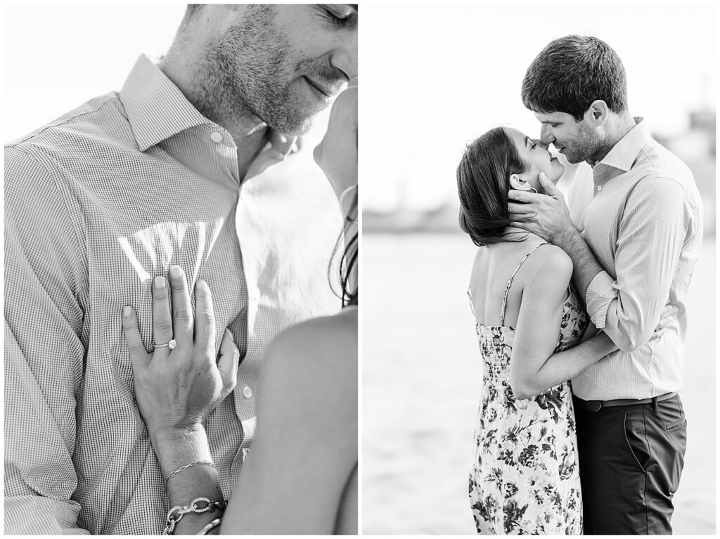 Engaged couple sitting on a wooden dock by the water in North Florida during their romantic coastal engagement session.
