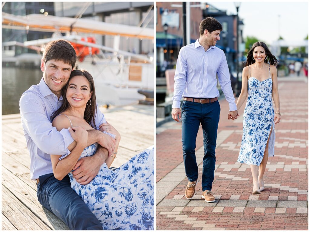 Bride-to-be laughing while holding hands with her fiancé on a brick street in North Florida.