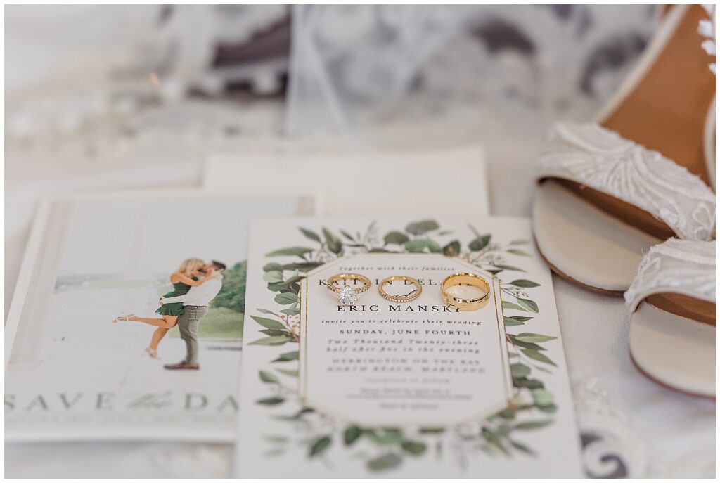 Elegant wedding ring set photographed with coastal-inspired details at North Florida wedding