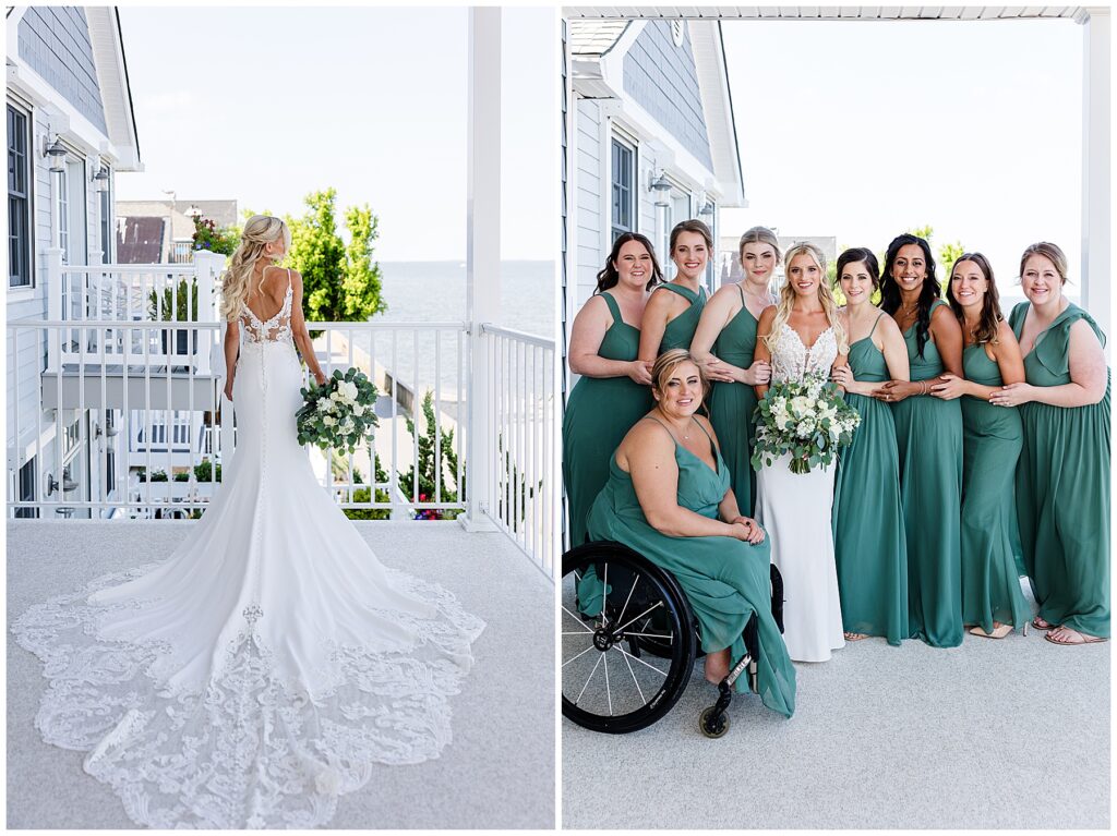 Bride and bridesmaids laughing together outdoors with palm trees in the background at North Florida wedding