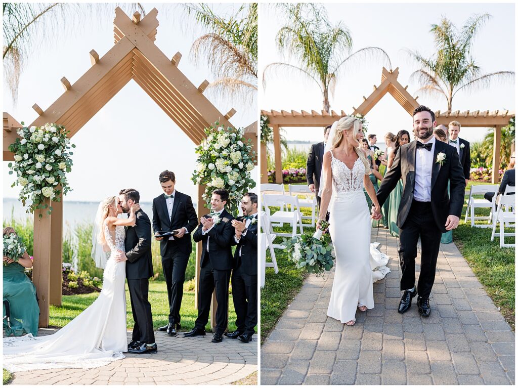 Bride and groom share first kiss as newlyweds at waterfront ceremony in North Florida