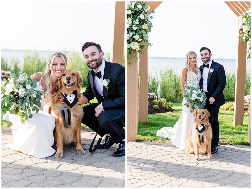 Bride and groom smiling with their dog during outdoor portraits at coastal North Florida wedding