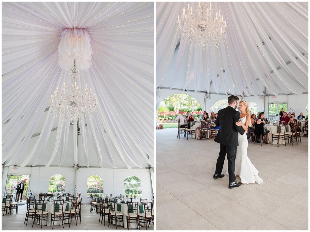 Bride and groom sharing first dance under white reception tent beside the water at sunset in North Florida