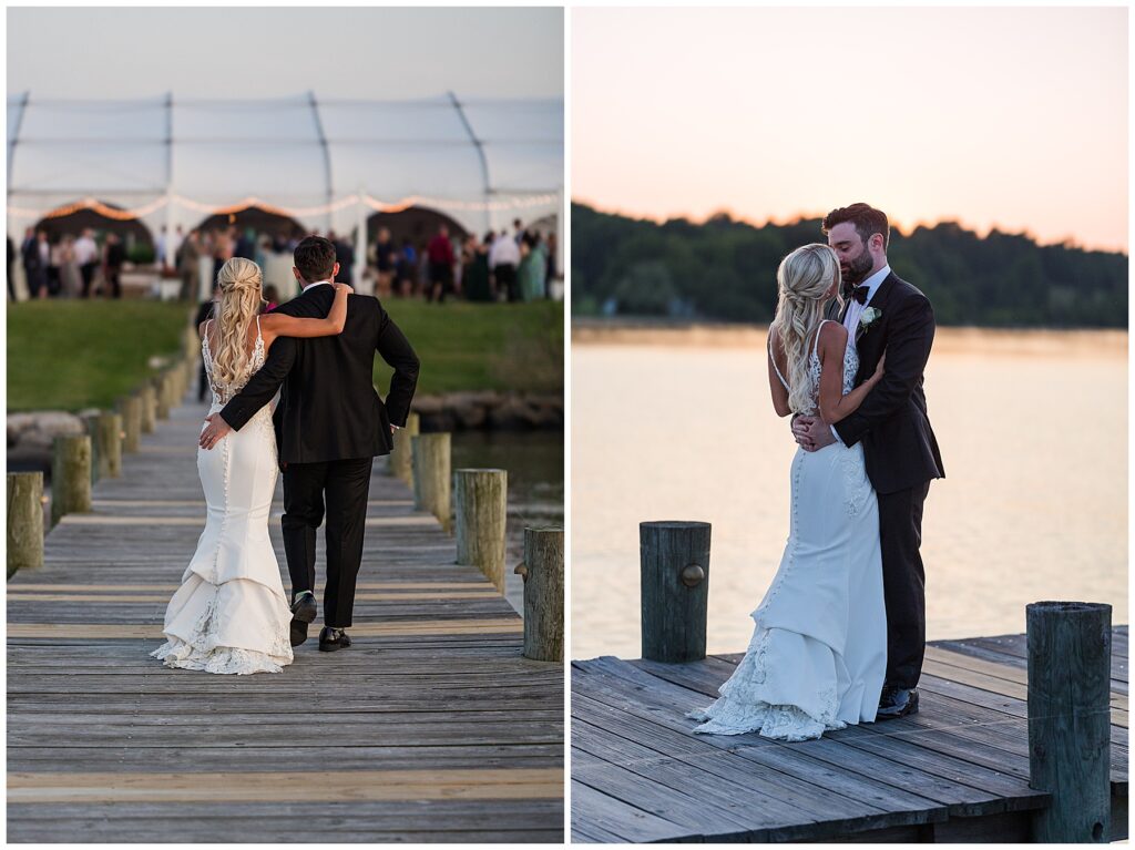 Bride and groom embracing on dock as the sun sets over the water during coastal North Florida wedding portraits