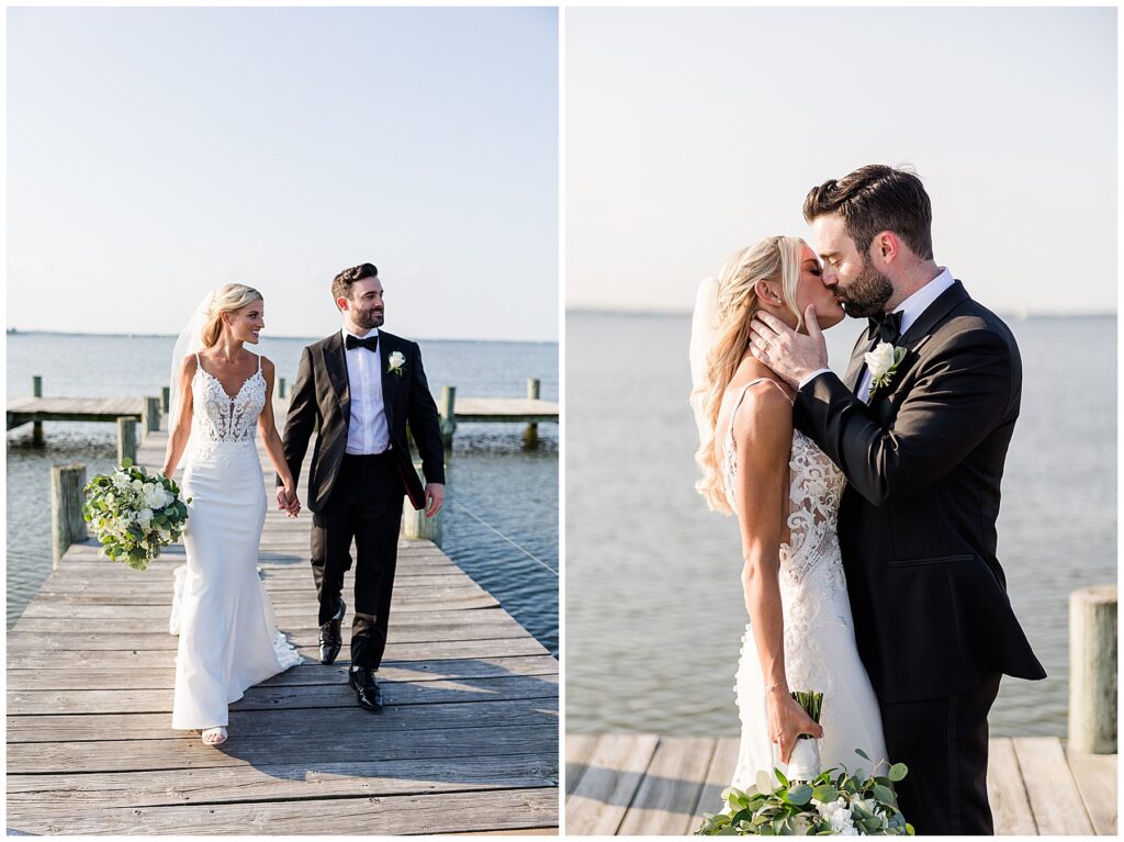 Bride and groom laughing together outdoors with palm trees and sea grass at North Florida coastal wedding