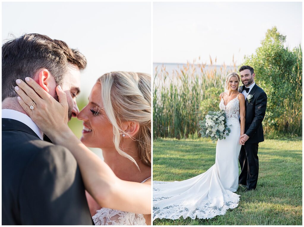 Bride and groom sharing kiss during waterfront portraits with ocean in the background in North Florida