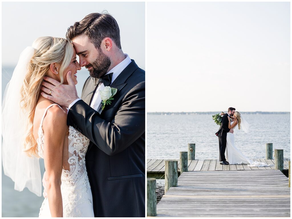 Couple standing close together on beach shoreline with water backdrop at coastal North Florida wedding
