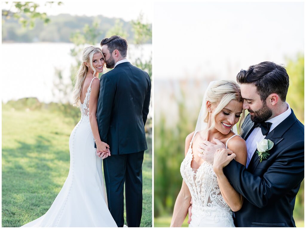 Bride and groom laughing together while holding bouquet during outdoor portraits by the water in North Florida