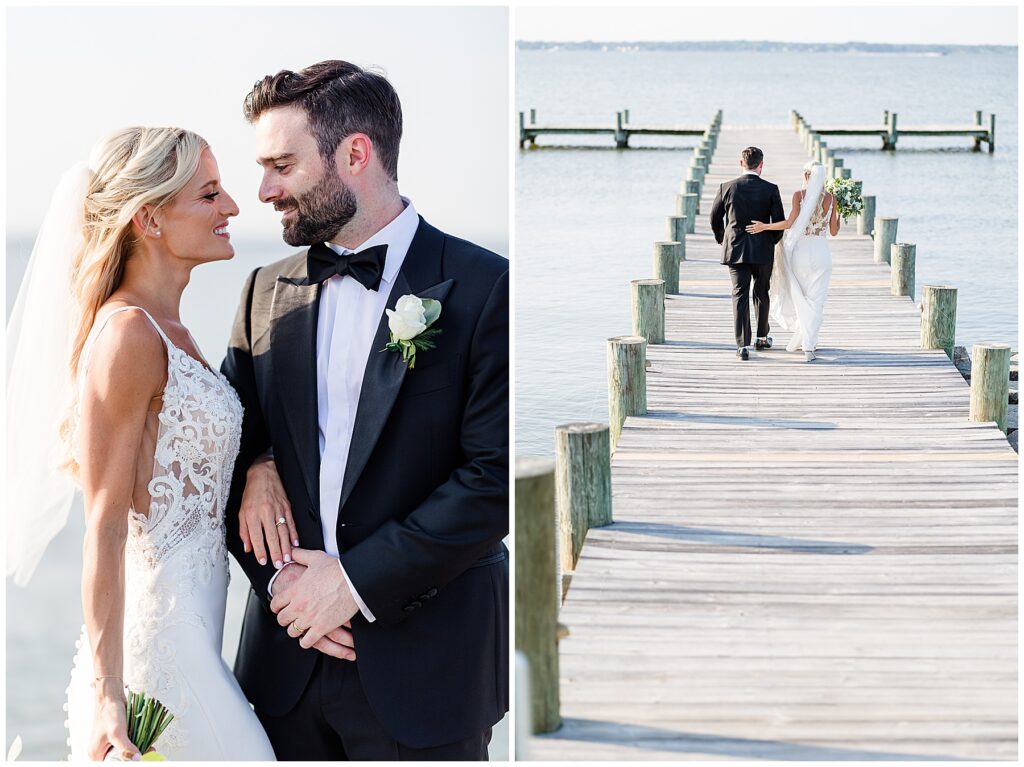 Bride and groom strolling hand in hand on dock during sunset portraits at coastal North Florida wedding