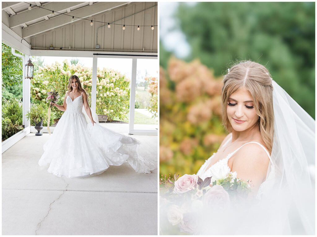 bride taking bridal portraits before ceremony on her wedding day