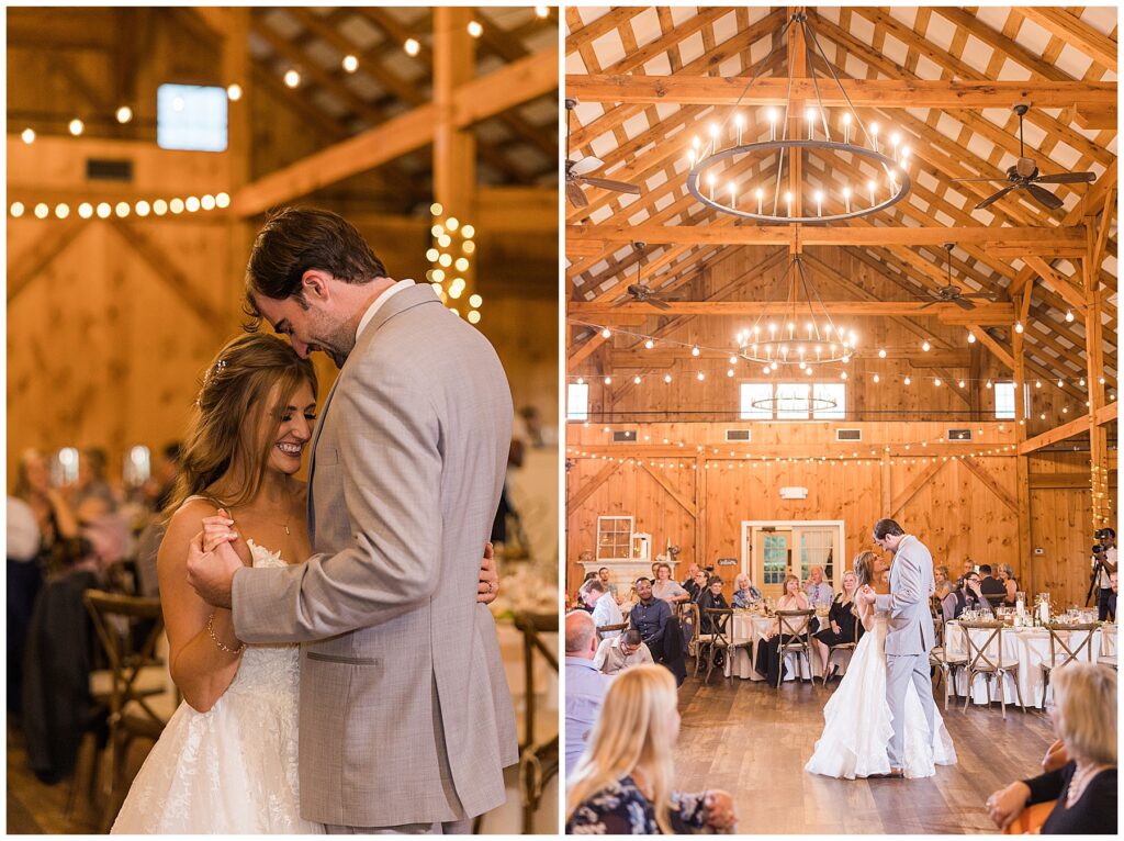 bride and grooms first dance in classy barn 
