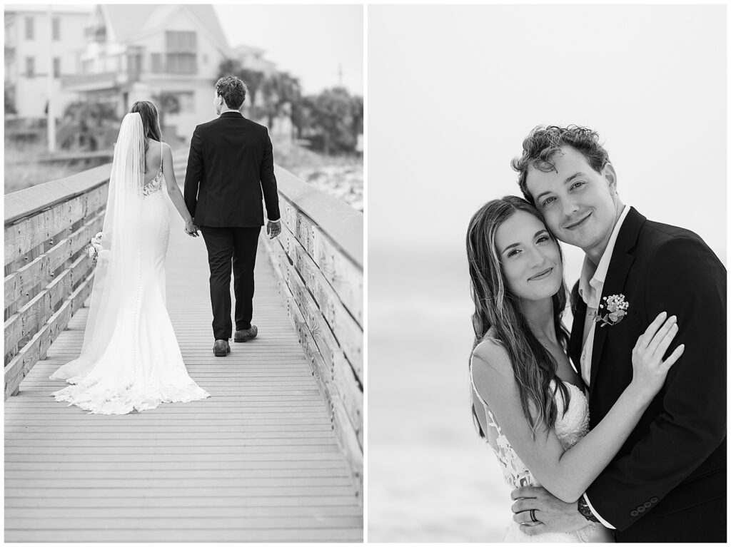 Bride and groom embracing on the beach with soft coastal fog in the background.
