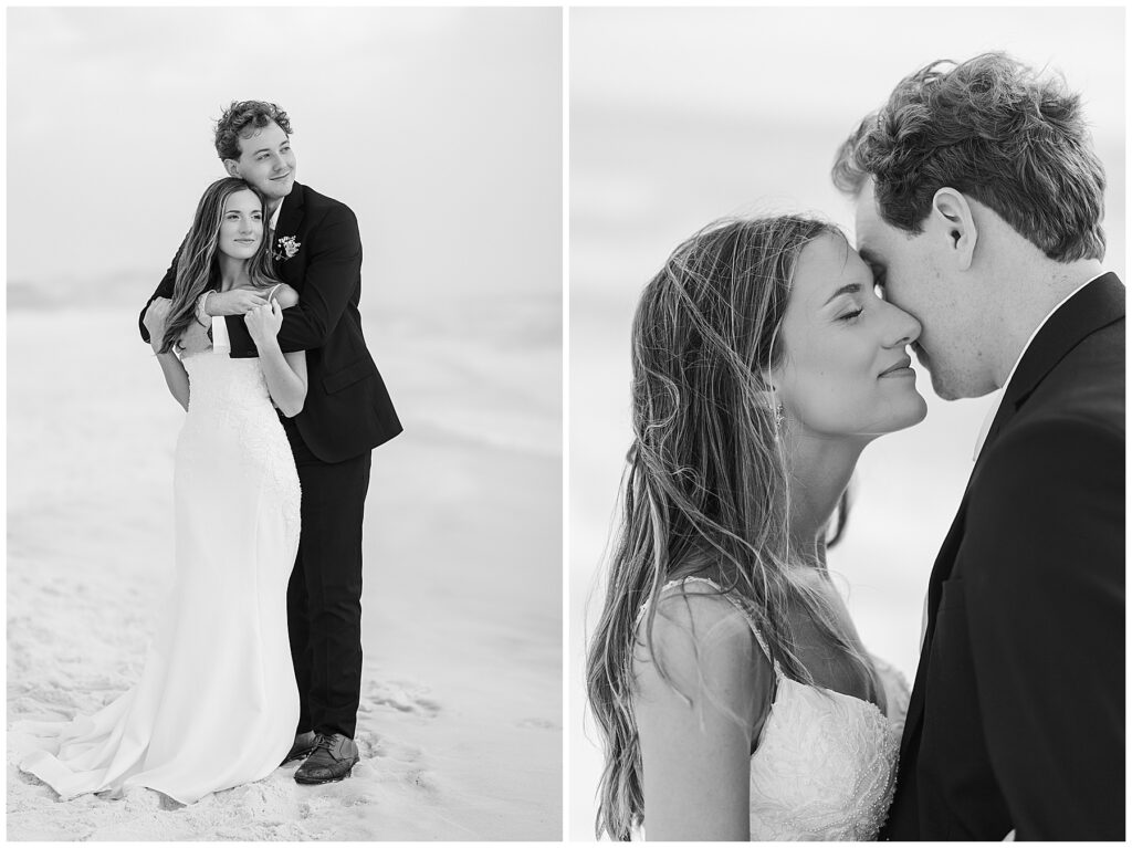 Intimate embrace between bride and groom