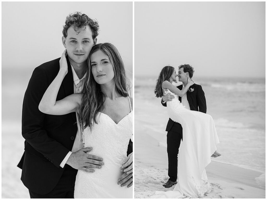Groom carrying bride on beach 