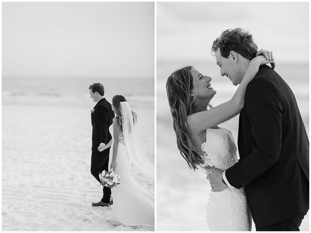 Romantic black-and-white photo of the couple on the fog-covered shoreline.