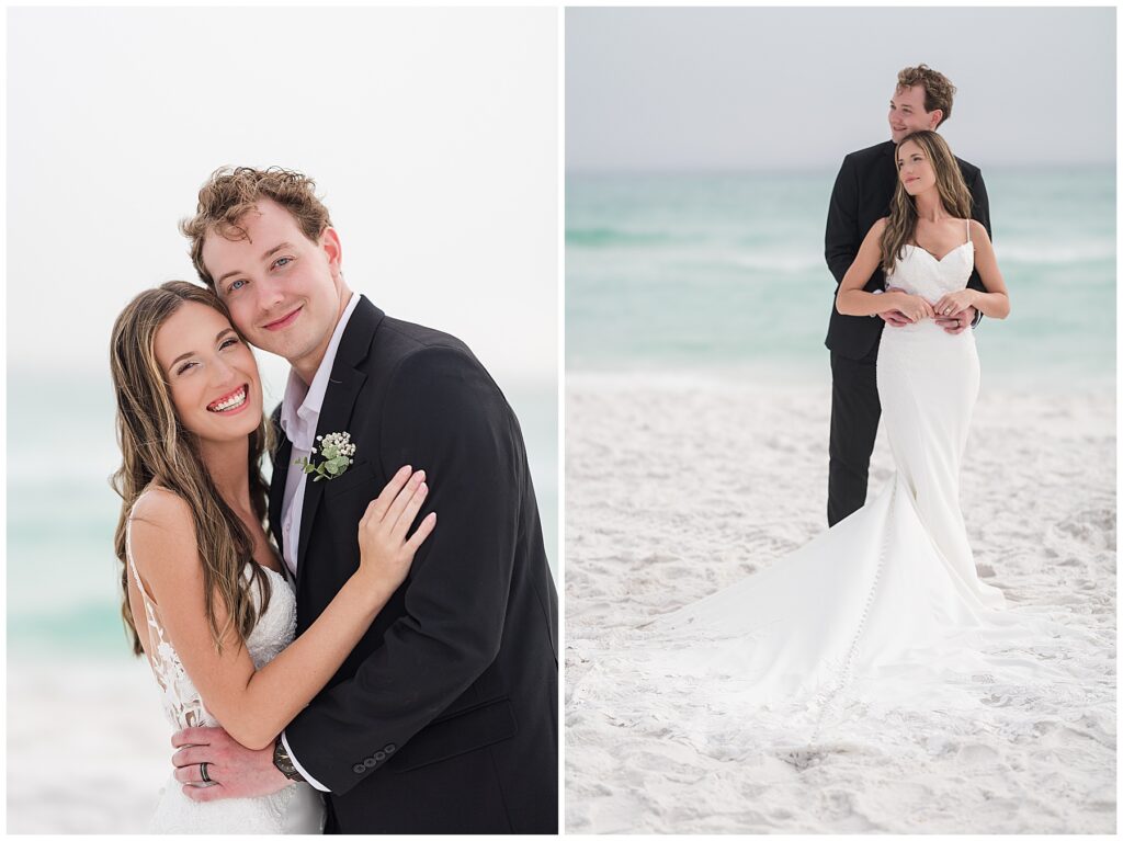 Bride and groom standing barefoot in the sand during their foggy Santa Rosa Beach wedding portraits.