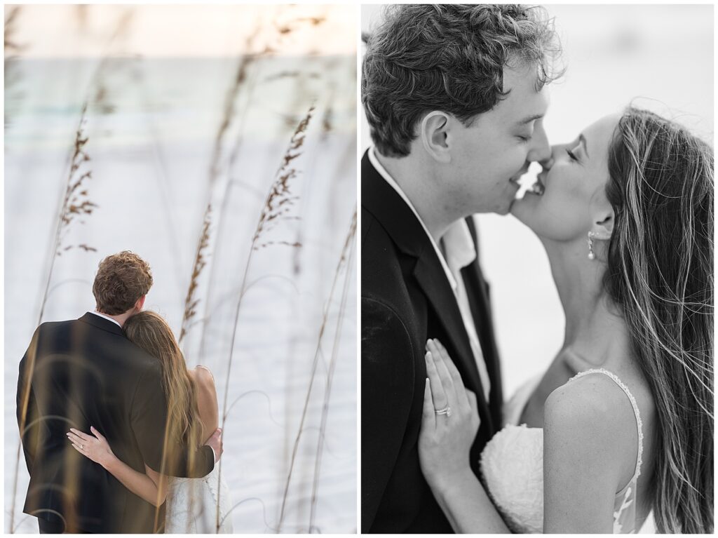 Close-up portrait of Audrey and Thomas with soft fog and ocean tones behind them.