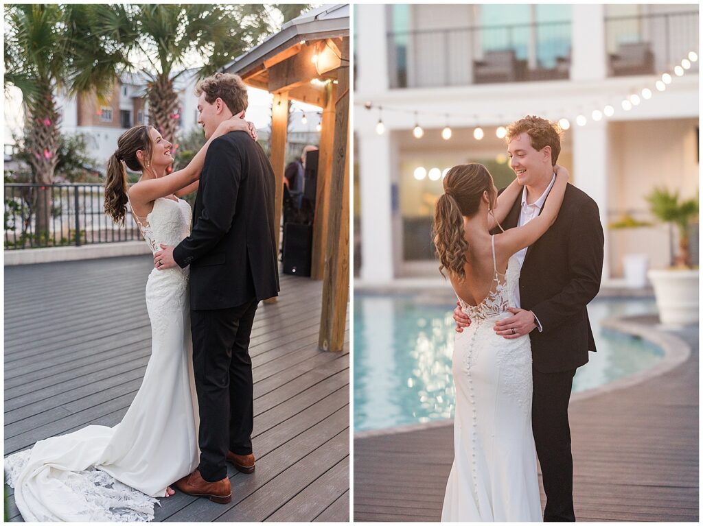 First dance by the pool under string lights.
