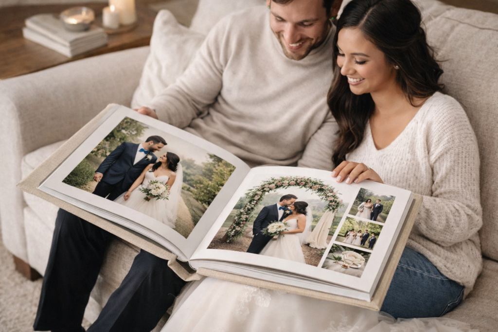 Couple sitting on couch looking through their heirloom wedding album filled with professional wedding photographs.
