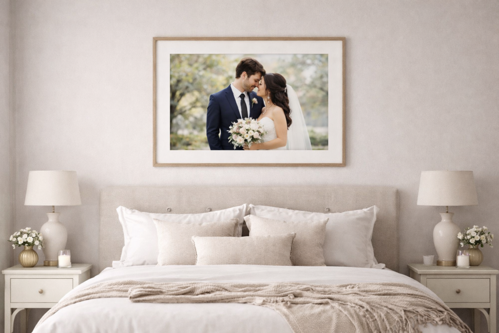 Large framed wedding portrait displayed above a bed as elegant wedding wall art for a couple’s home.