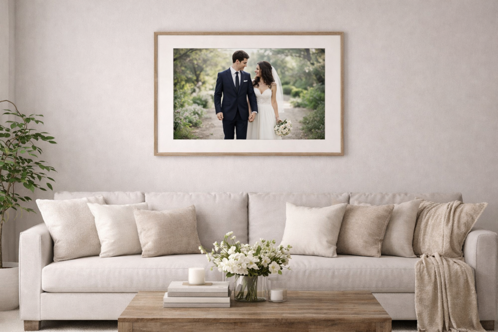 Framed wedding photograph displayed above a living room couch as beautiful home wall art from a wedding day.