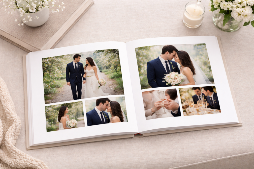 Luxury linen wedding album with thick lay flat pages designed to preserve wedding memories for generations.