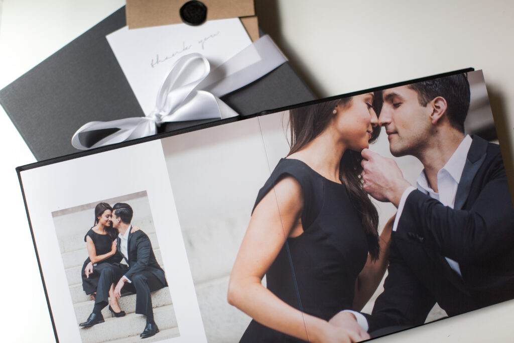 Luxury flush mount wedding album spread displaying professional wedding photography designed to preserve a couple’s wedding story.