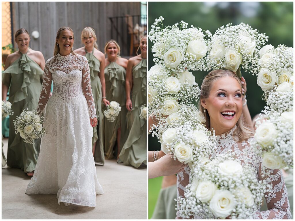 Bride and brides posing for photos with green dresses and white flowers