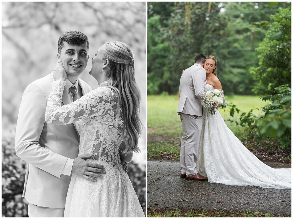 bride and groom posing under oak trees at their wedding in Tallahassee, fl 