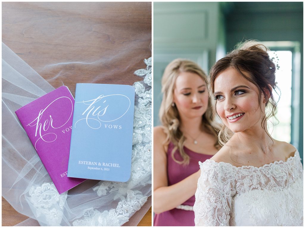 His and her custom vow books and the bride getting ready in her dress | Taylor'd Southern Events