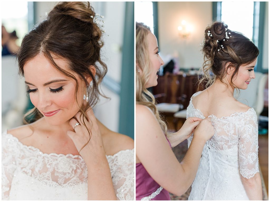 The bride wore her hair in an updo with pearl accents and an off the shoulder lace dress | Taylor'd Southern Events | Maryland Wedding Photographer