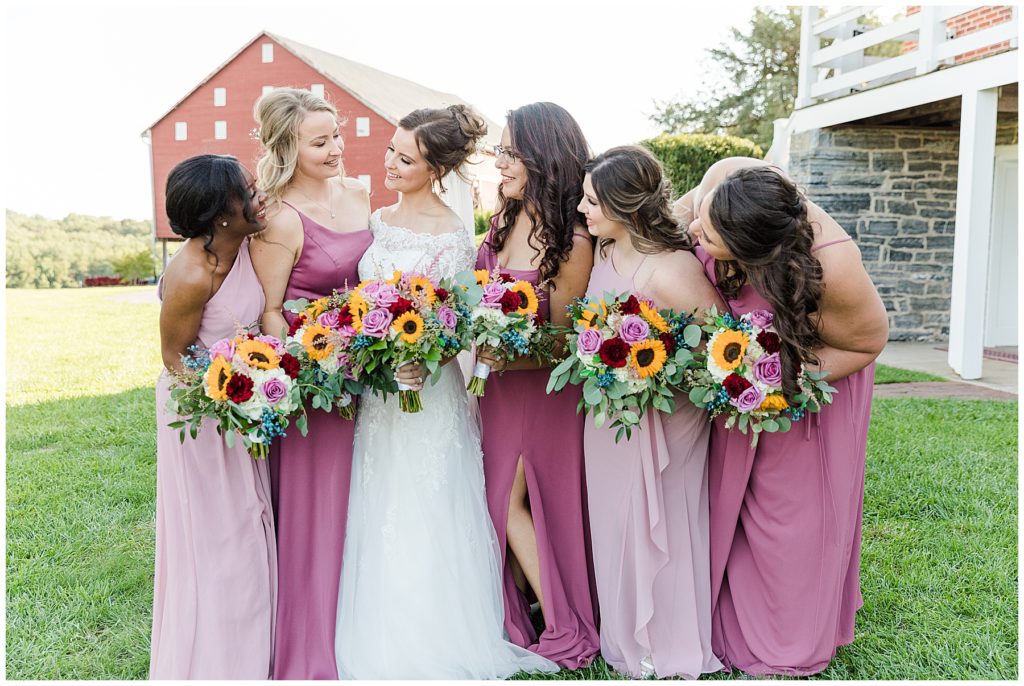 The bride and her bridesmaids in pink at Dulany's Overlook | Taylor'd Southern Events | Maryland Wedding Photographer