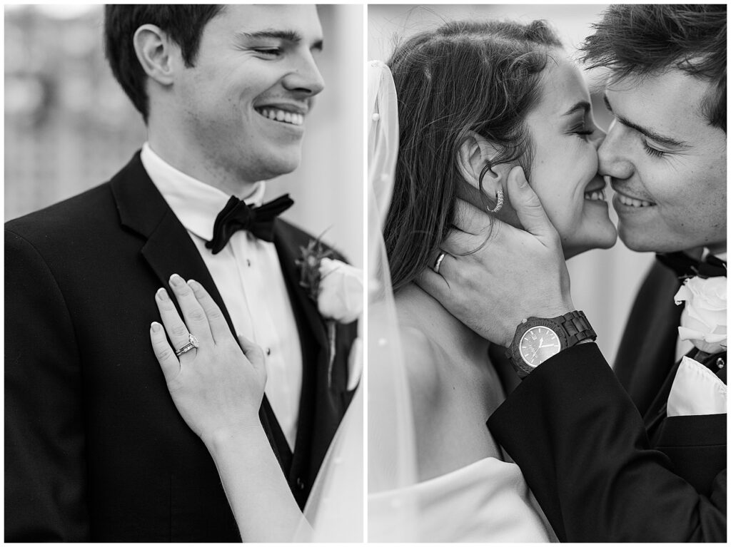 Bride and groom in black and white photo 