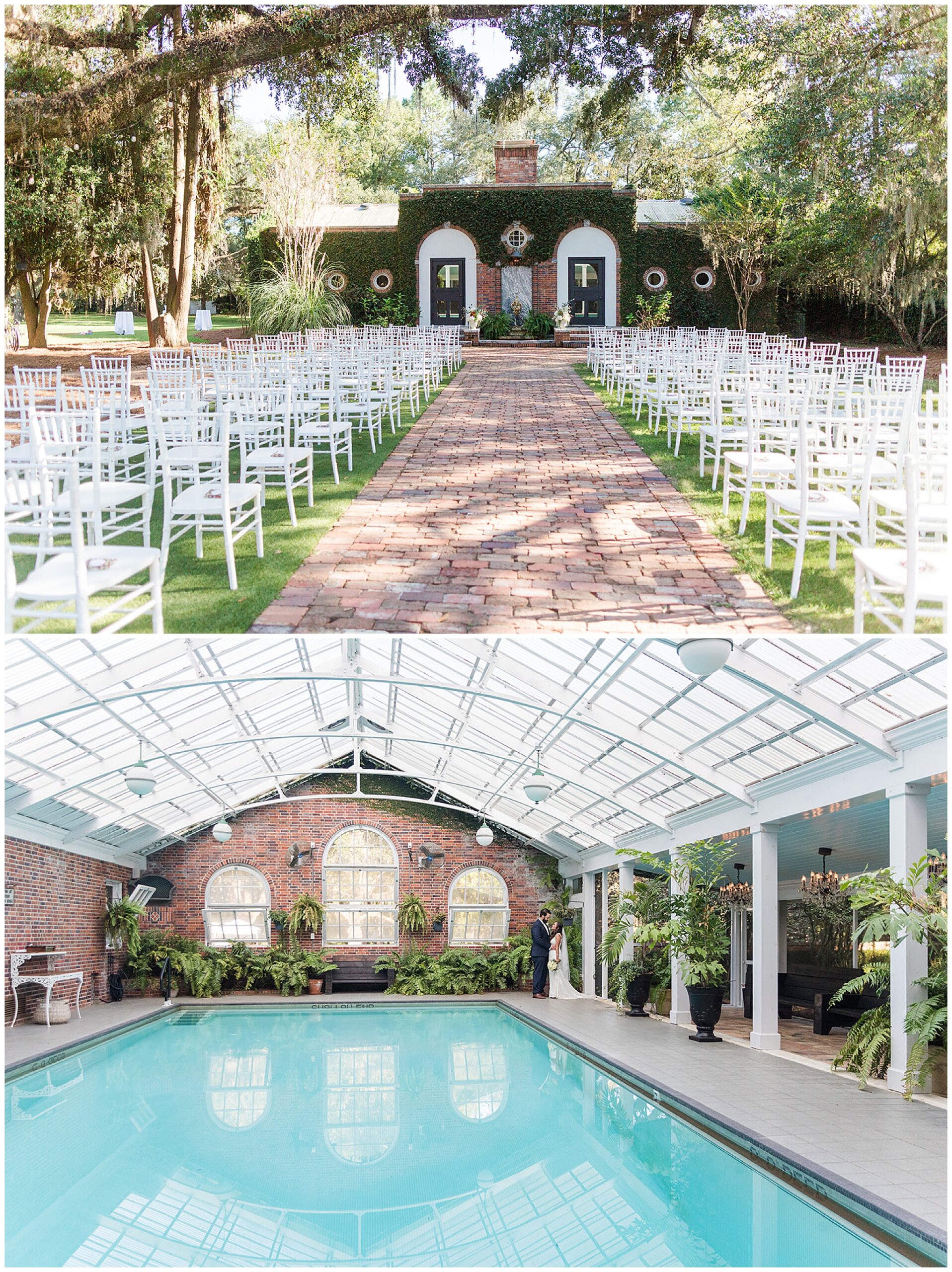 An empty wedding ceremony set up outside under oak trees in front of a brick building covered in ivy with white chairs